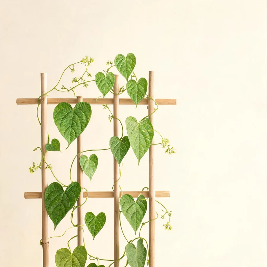 Botanical illustration of Dioscorea opposita in flower, showing its leaves and flowering stem