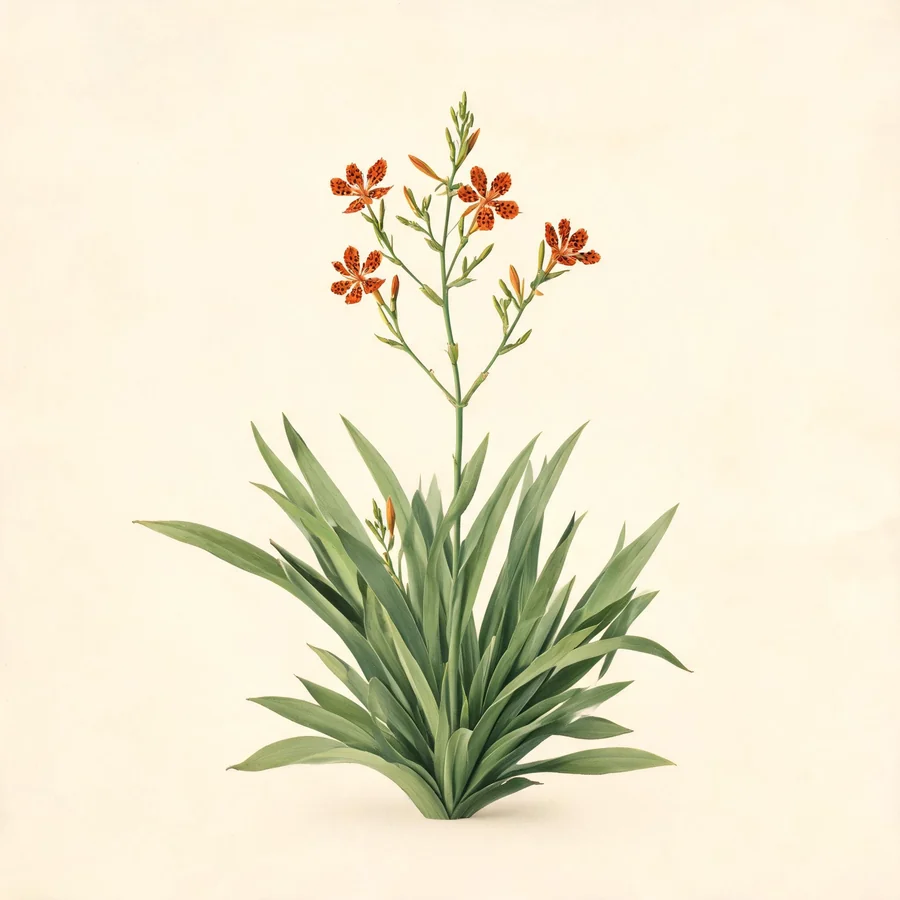 Botanical illustration of Belamcanda chinensis in flower, showing its leaves and flowering stem