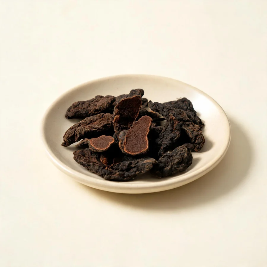 Dried Sheng Di Huang dried raw root arranged in a shallow bowl