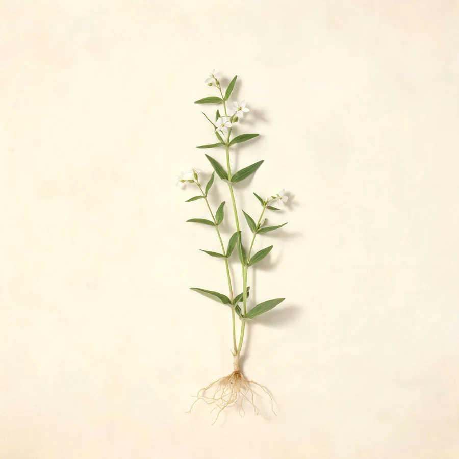 Botanical illustration of Pseudostellaria heterophylla in flower, showing its leaves and flowering stem