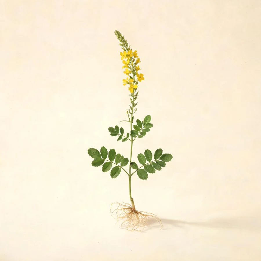 Botanical illustration of Agrimonia pilosa in flower, showing its leaves and flowering stem