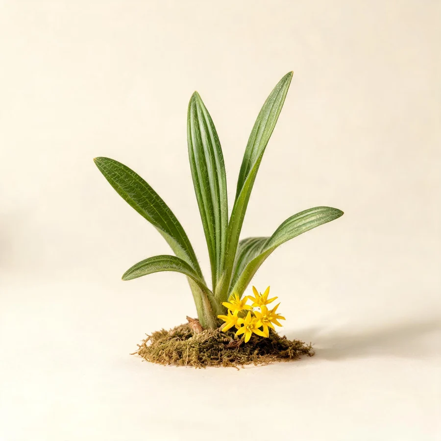 Botanical illustration of Curculigo orchioides in flower, showing its leaves and flowering stem