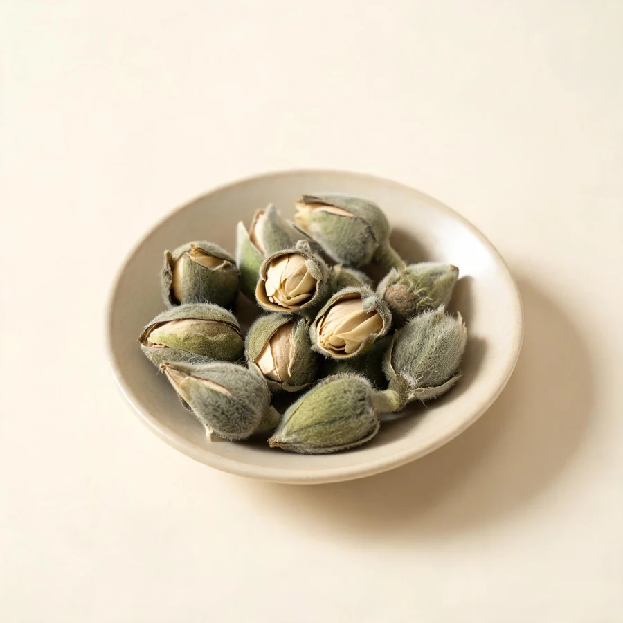Dried Xin Yi Hua flower bud arranged in a shallow bowl