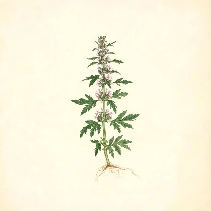 Botanical illustration of Leonurus japonicus in flower, showing its leaves and flowering stem