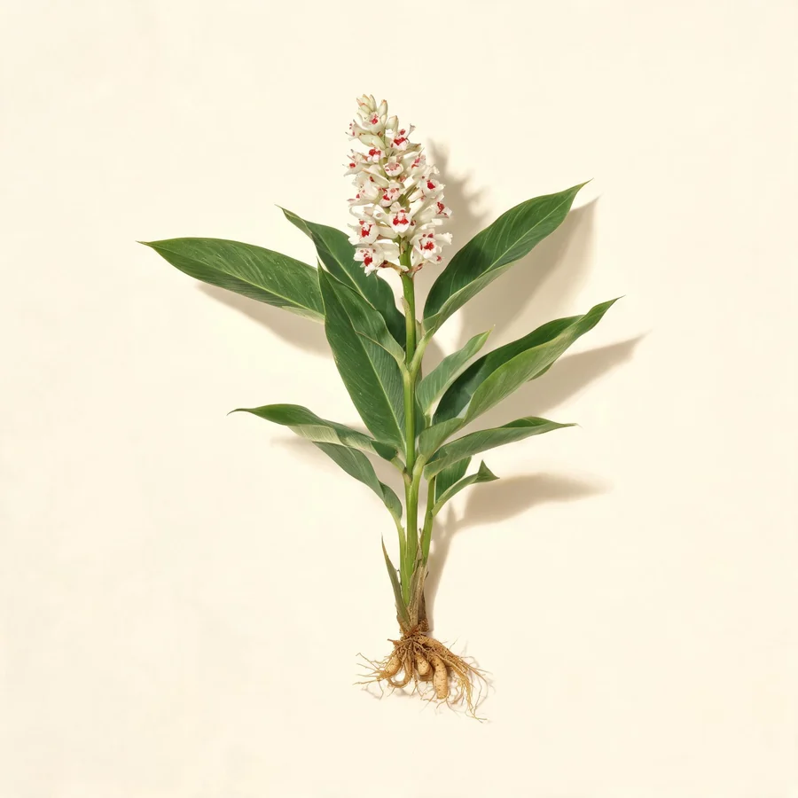 Botanical illustration of Alpinia oxyphylla in flower, showing its leaves and flowering stem
