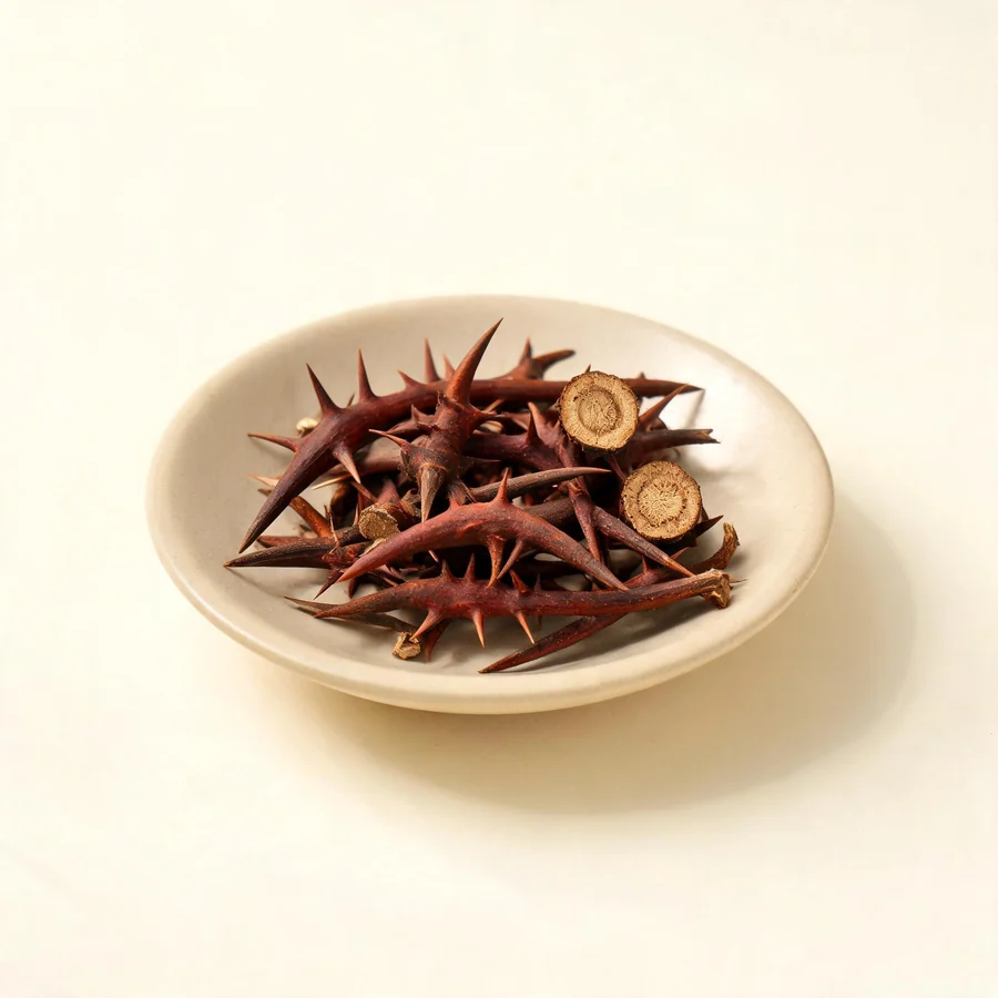 Dried Zao Jiao Ci thorn arranged in a shallow bowl