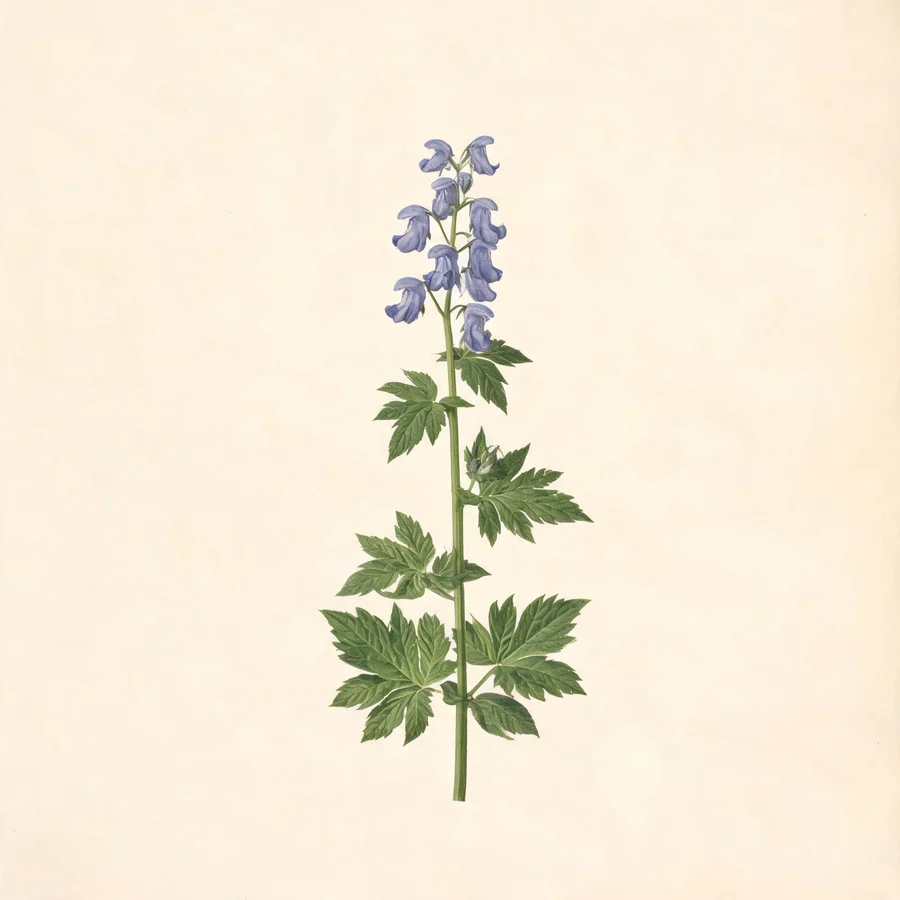Botanical illustration of Aconitum carmichaelii in flower, showing its leaves and flowering stem