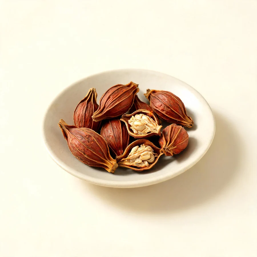 Dried Zhi Zi fruit arranged in a shallow bowl
