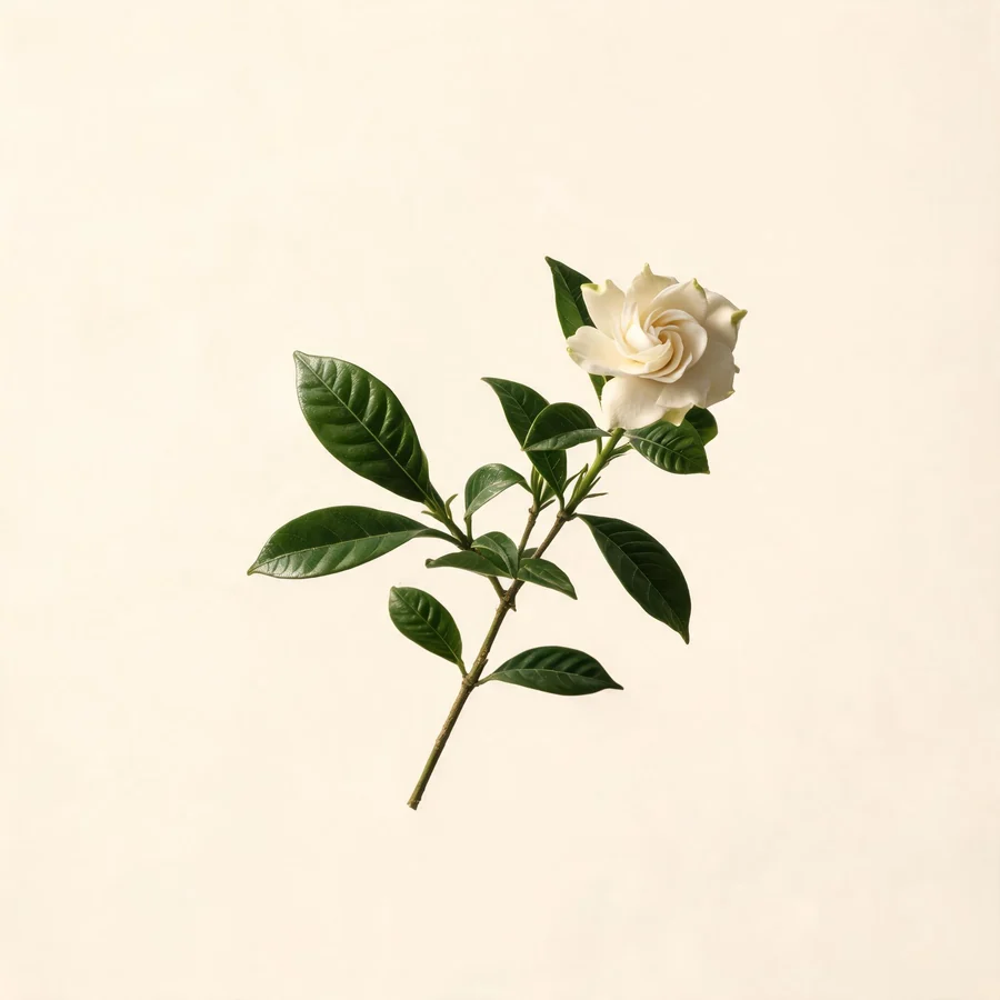 Botanical illustration of Gardenia jasminoides in flower, showing its leaves and flowering stem