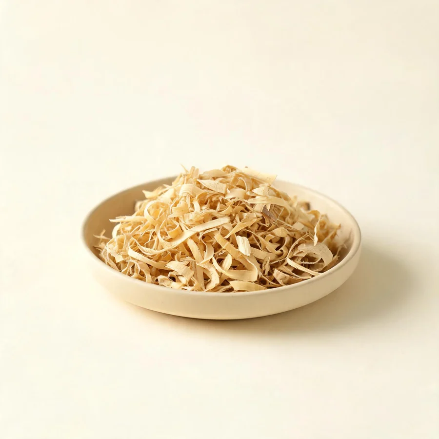 Dried Zhu Ru shavings of the stem arranged in a shallow bowl